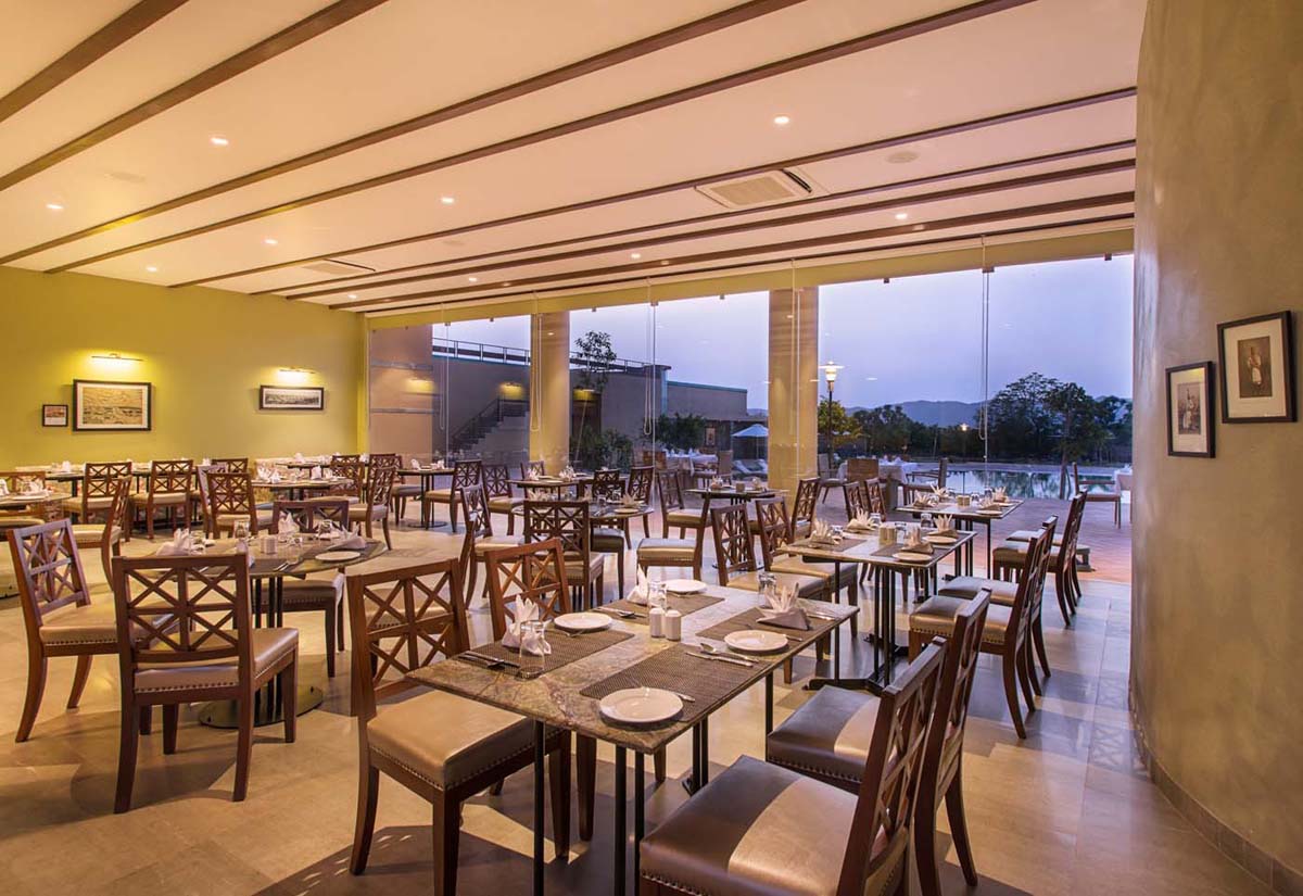 Dining hall of the raj days restaurant in Dera Masuda, Pushkar, Ajmer, Rajasthan