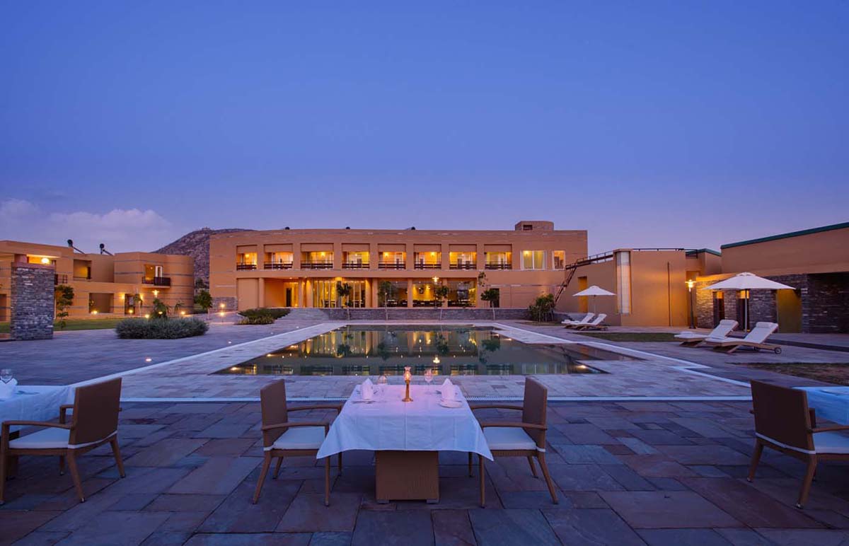 Poolside view of Dera masuda - The best luxury hotel resort in Pushkar, Ajmer, Rajasthan